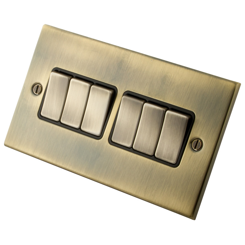 10A 6 Gang 2 Way Light Switch Black Insert Antique Brass