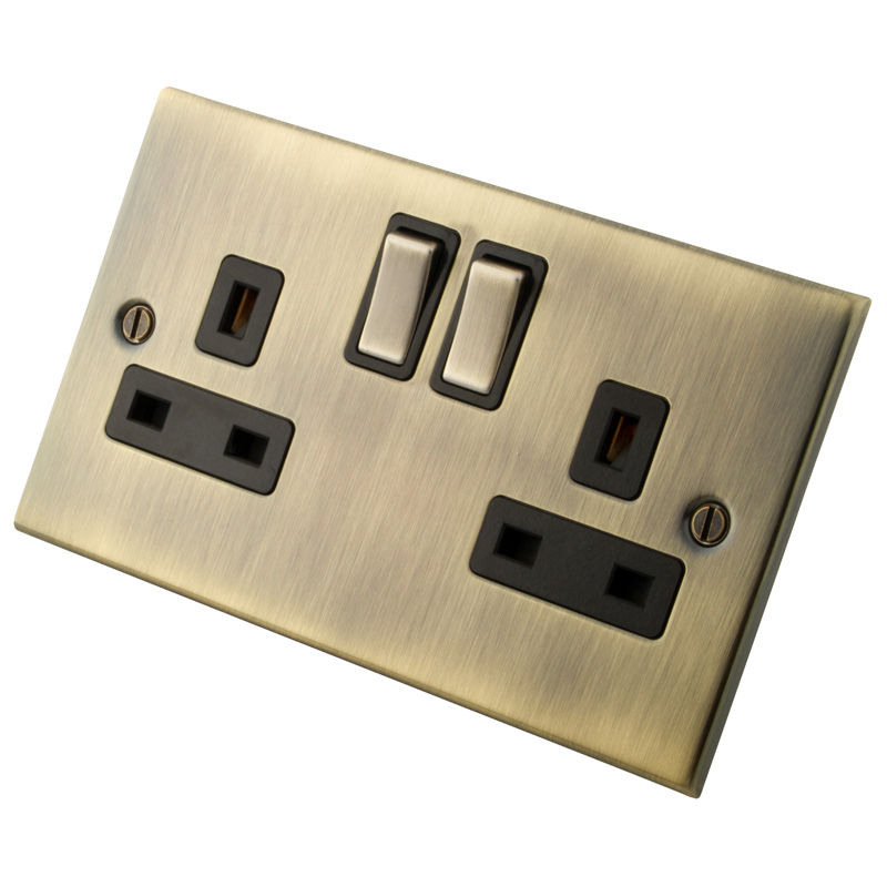 13A 2 Gang SP Switched Socket Black Insert Antique Brass