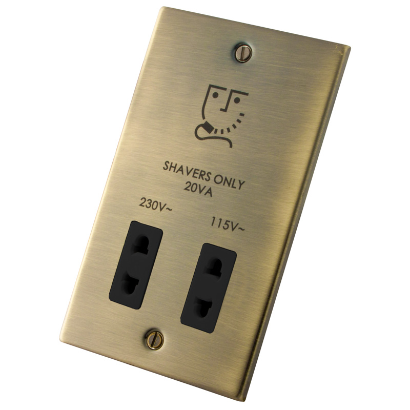 Dual Voltage Shaver Socket Black Insert Antique Brass