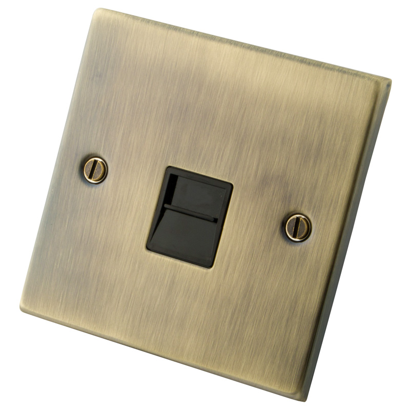 1 Gang RJ11 Telephone Outlet Black Insert Antique Brass