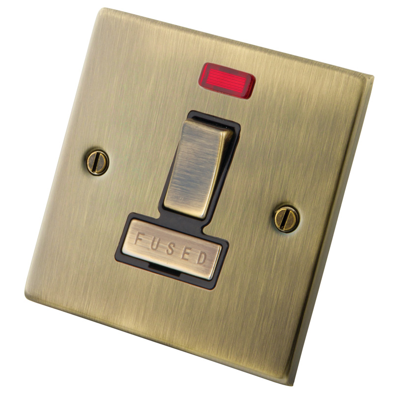 13A Switched Fused Spur With Neon Black Insert Antique Brass