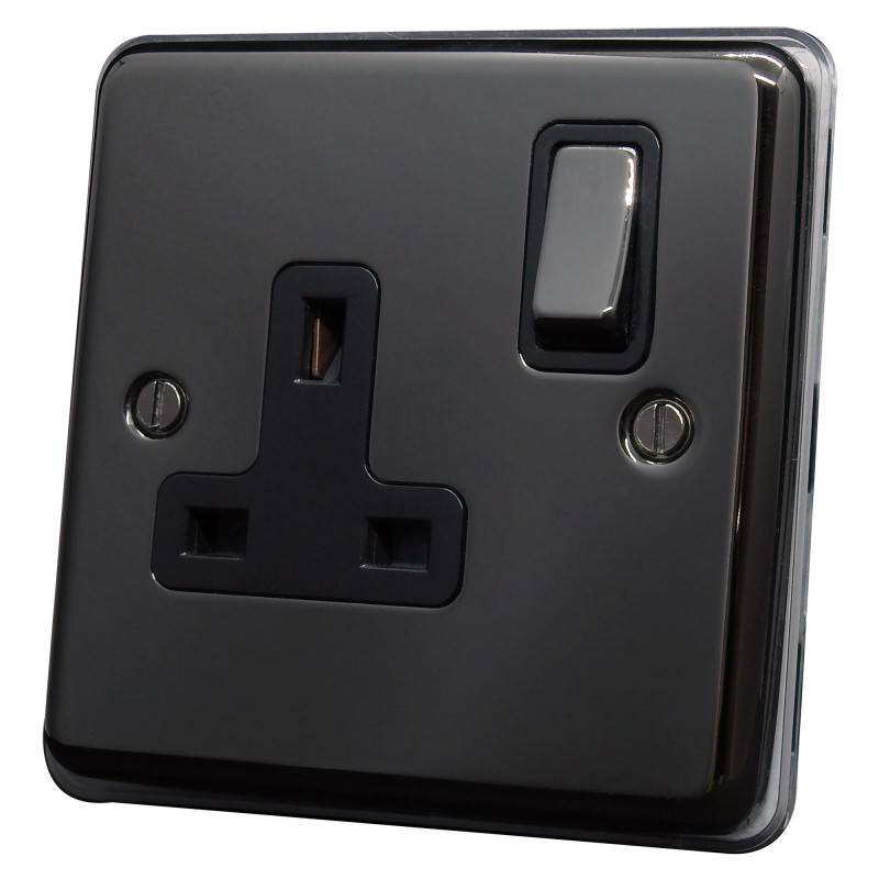 13A 1 Gang Switched Socket Black Insert Black Nickel