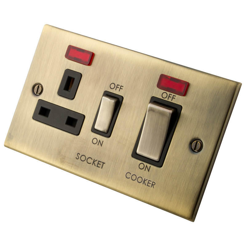 45A Cooker Control Unit With Neon Indicator Black Insert Antique Brass