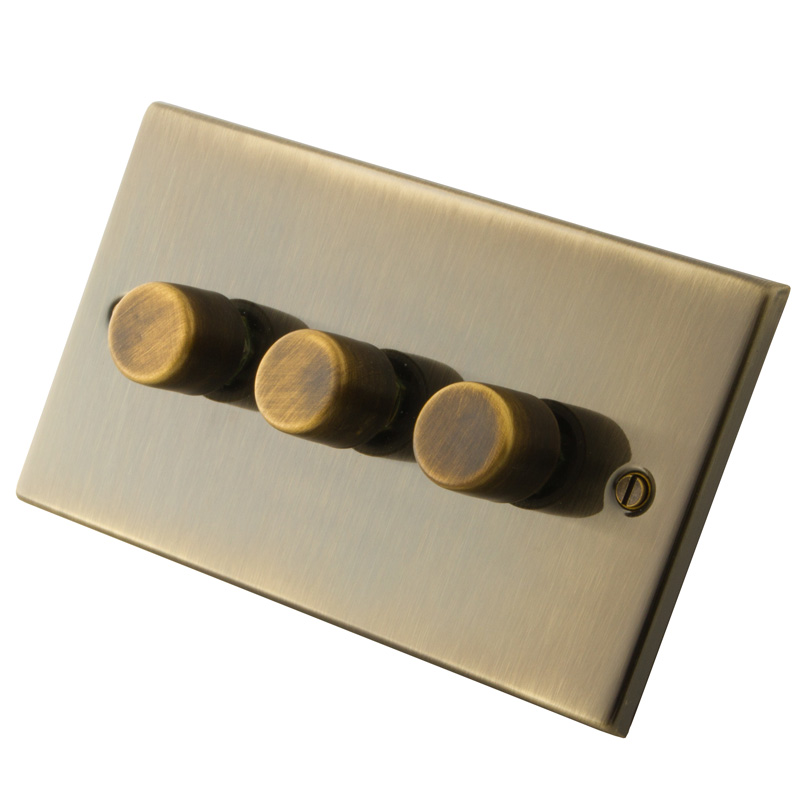 3 Gang 2 Way 250W/400/500W Dimmer Antique Brass