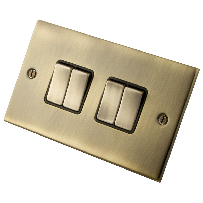 10A 4 Gang 2 Way Light Switch Black Insert Antique Brass